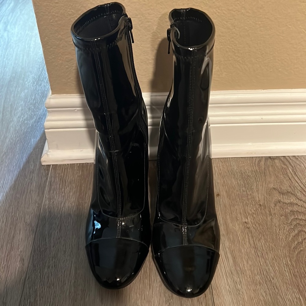Guess (I THINK pleather) black high heel boots size 10.
